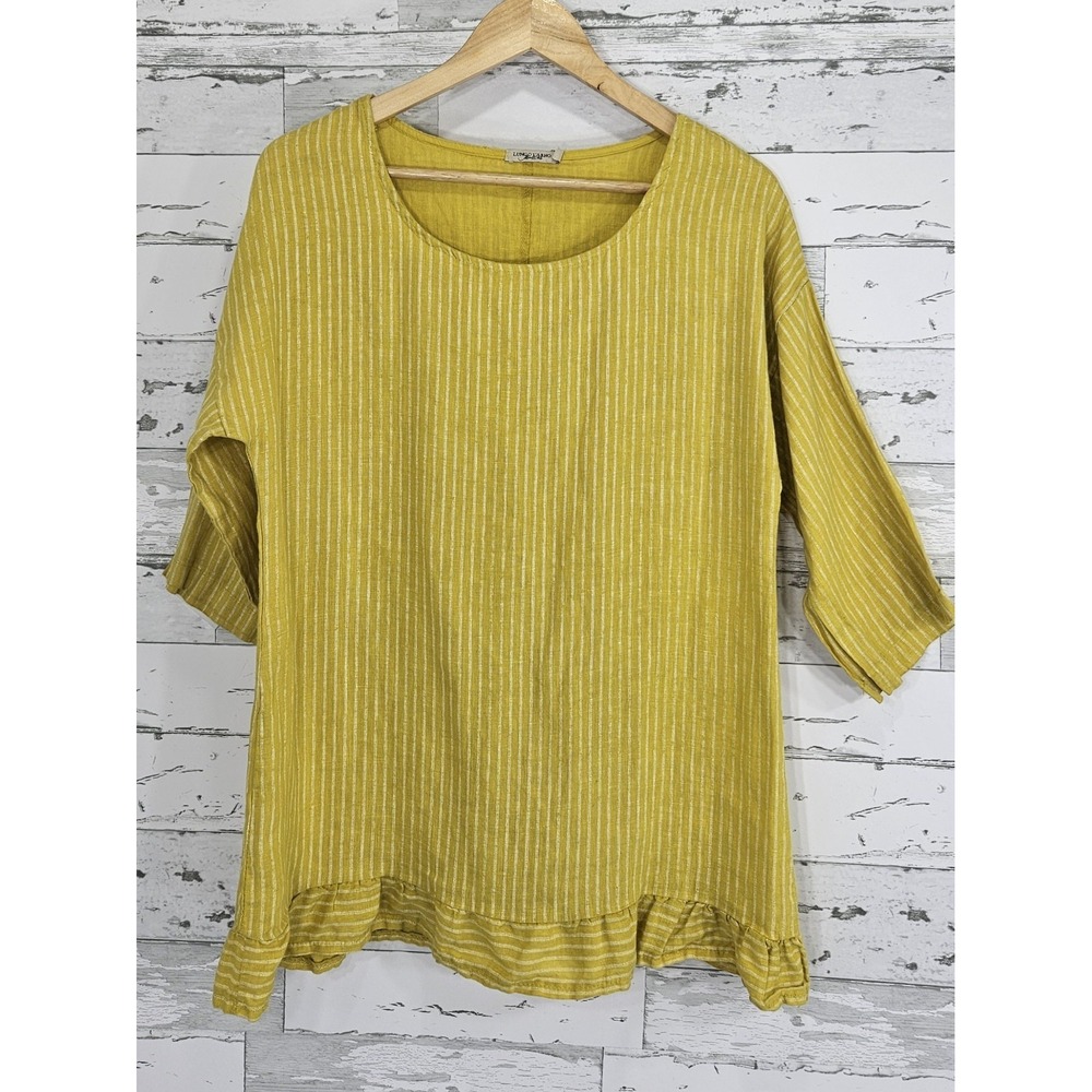 Lungo L'arno Made in Italy 3/4 Sleeves Ruffle Hem Striped Linen Top Womens Large